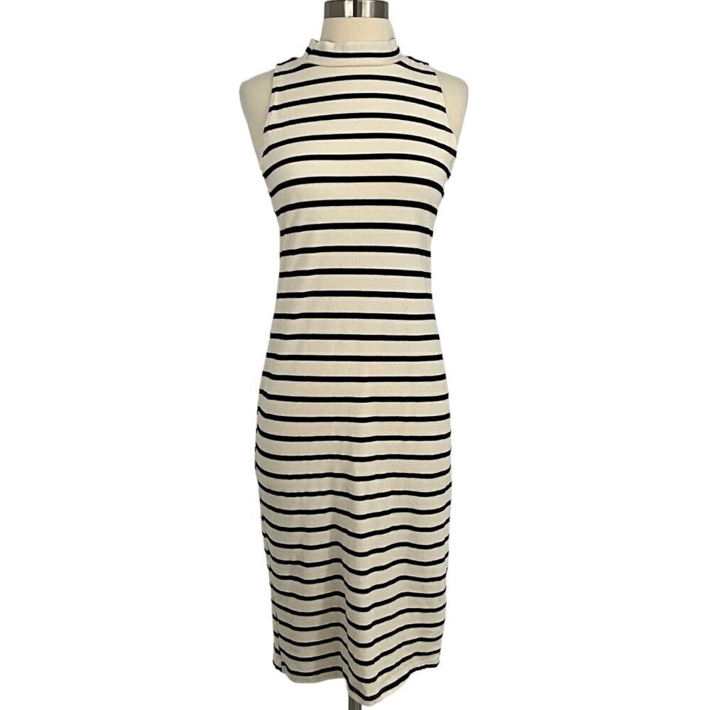 Monrow Size M Striped Midi Dress White Black Sleeveless Mock Neck Knee Length